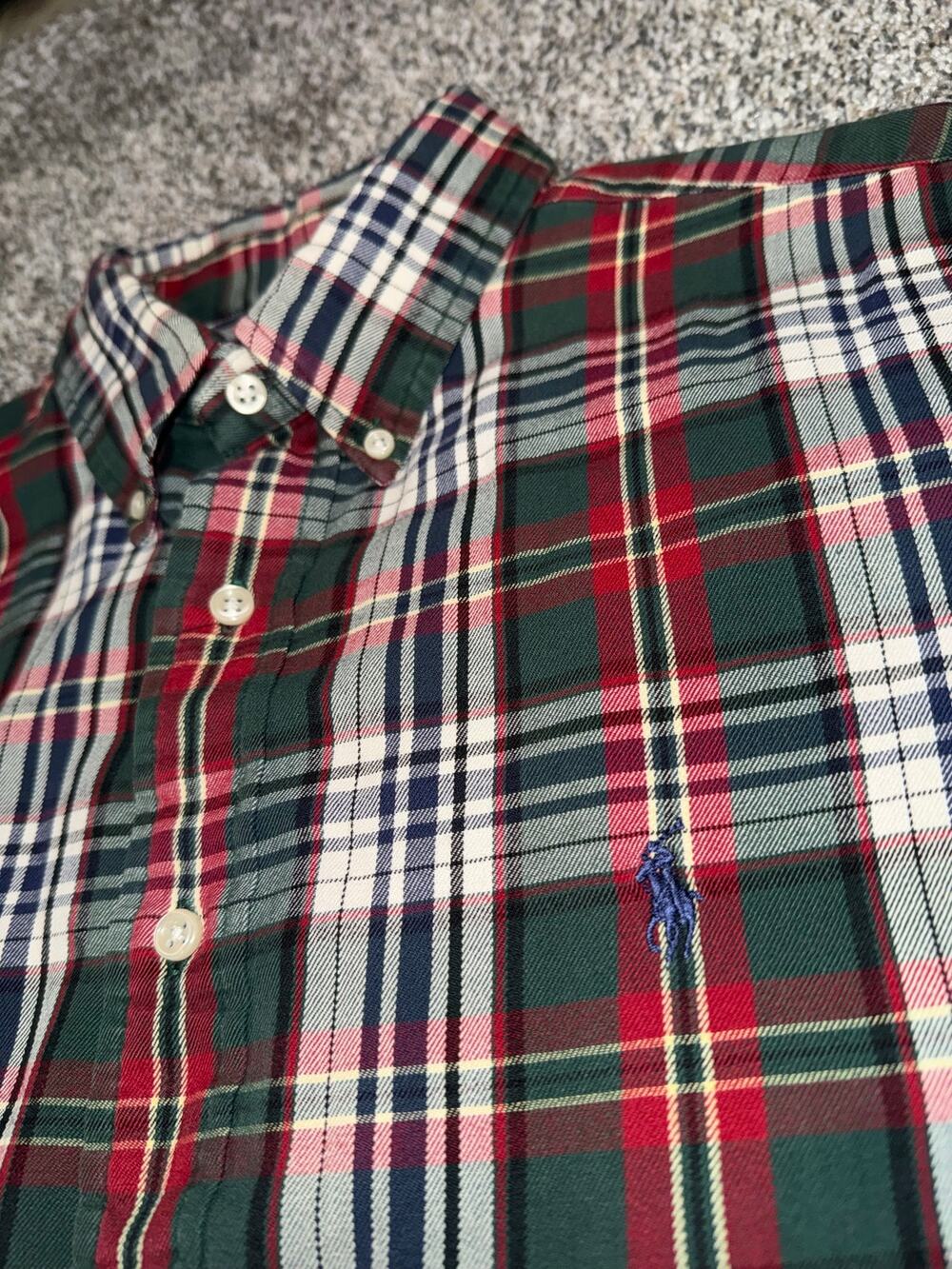 Ralph Lauren Men’s Large Tartan Plaid Button Down Shirt Green Red Holiday